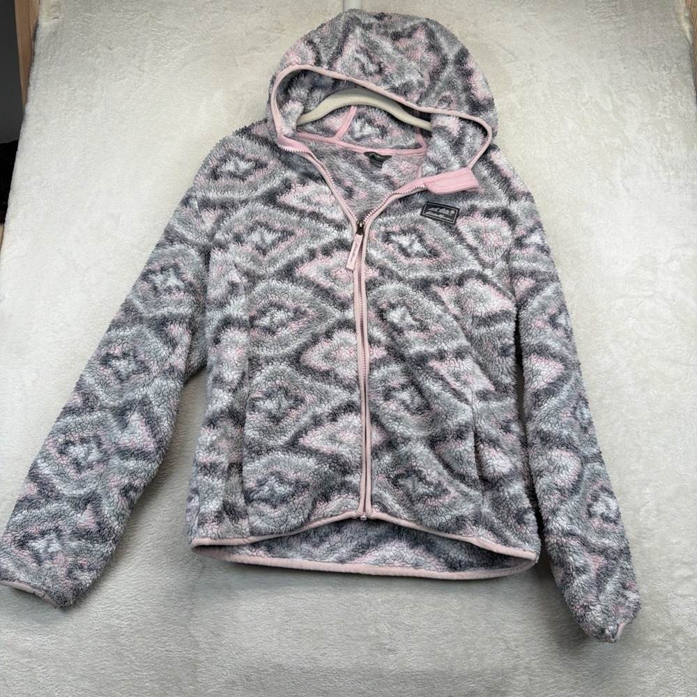 Eddie Bauer Girls L 14/16 Quest Plush Fleece Hoodie Pink Gray Geometric Full Zip